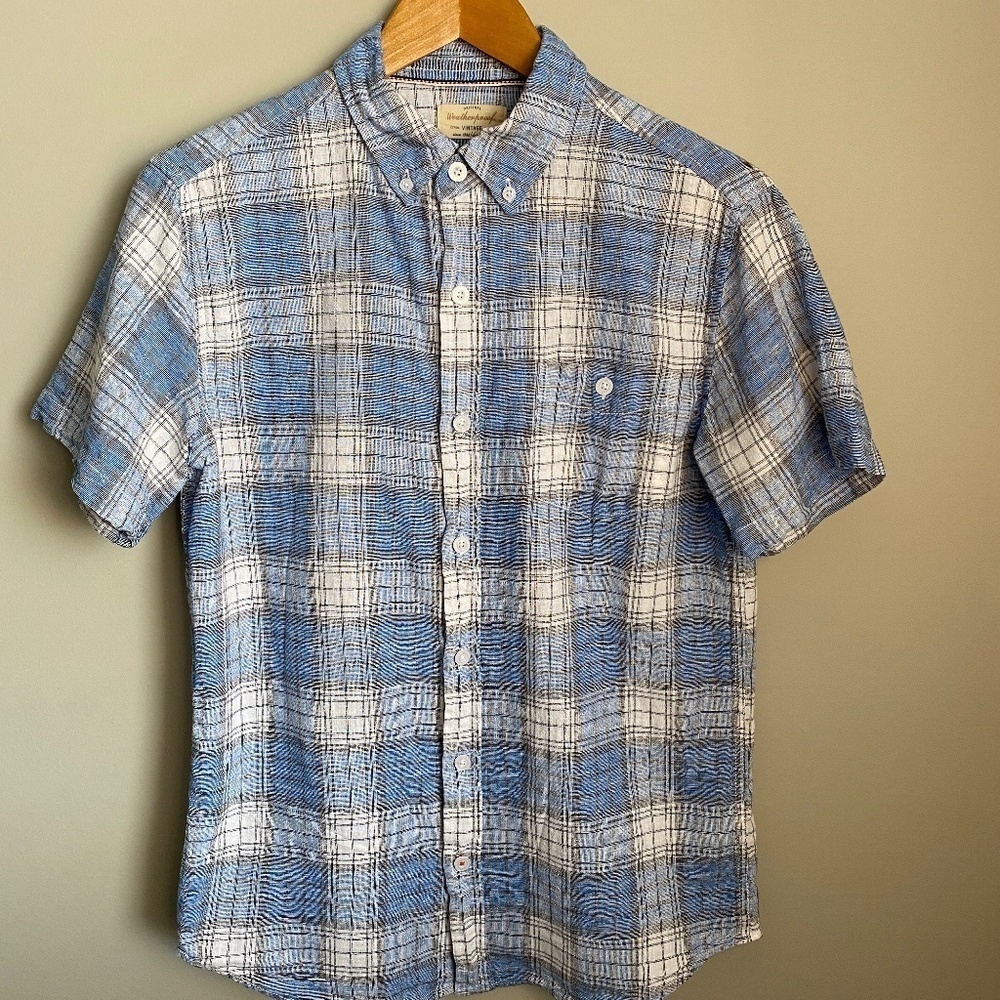 Weatherproof Vintage Washable Linen Men's Blue Plaid SS Button Up Shirt‎ Small